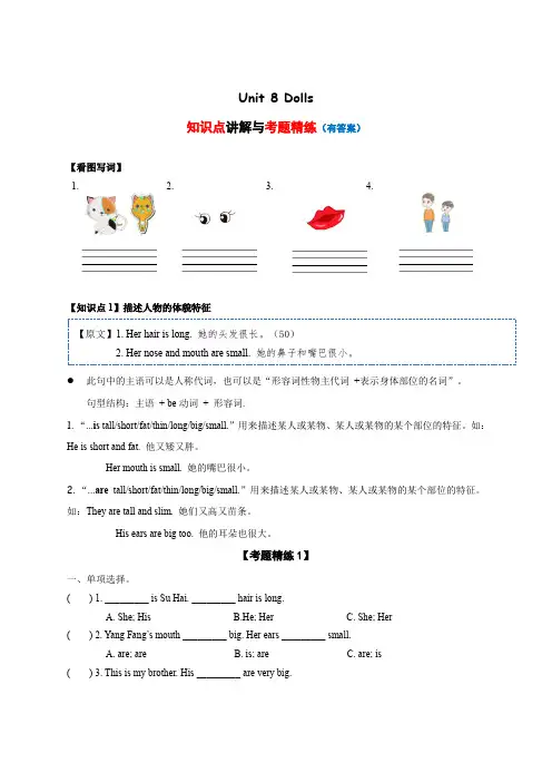 小学英语四年级上册知识梳理考点精练 Unit 8 Dolls(译林版三起含答案)