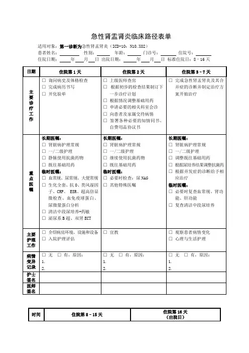 中心医院急性肾盂肾炎临床路径表单
