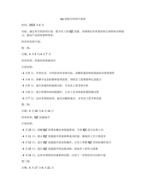 iqc技能月培训计划表
