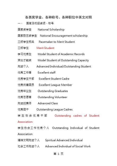 各种奖励英文翻译