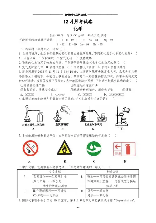 沪教版化学九年级下册12月月考试卷.doc