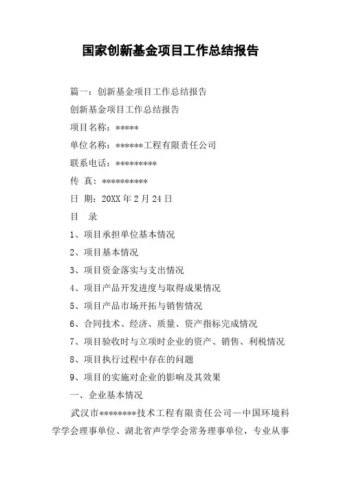 国家创新基金项目工作总结报告[工作范文]