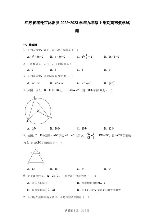 江苏省宿迁市沭阳县2022-2023学年九年级上学期期末数学试题