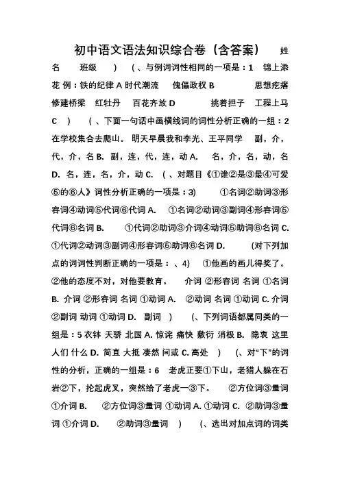 初中语文语法知识综合卷(含答案)