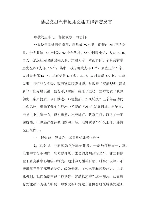 基层党组织书记抓党建工作表态发言