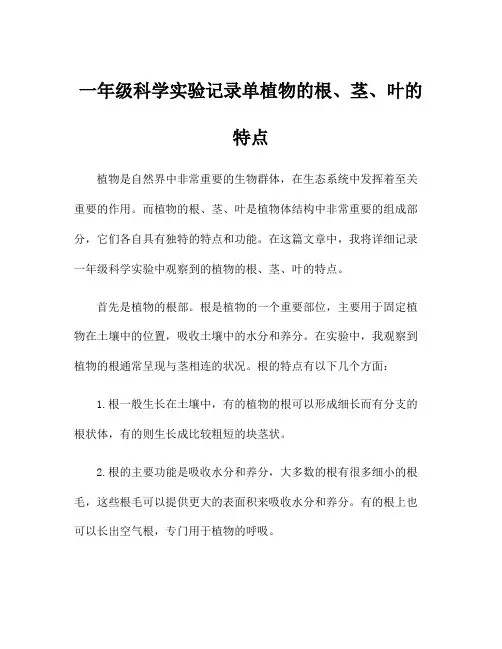 一年级科学实验记录单植物的根、茎、叶的特点