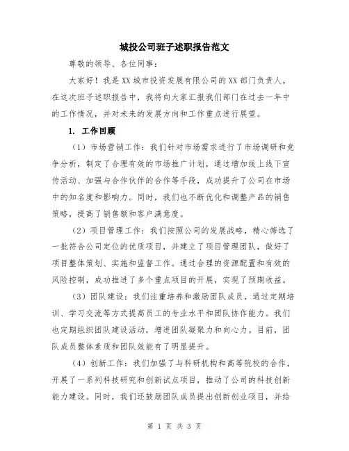 城投公司班子述职报告范文