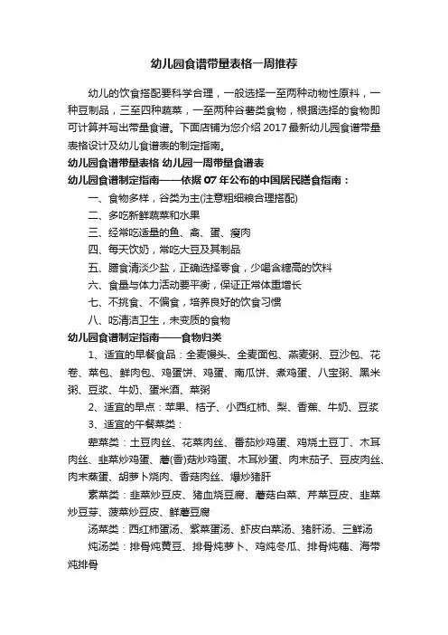 幼儿园食谱带量表格一周推荐