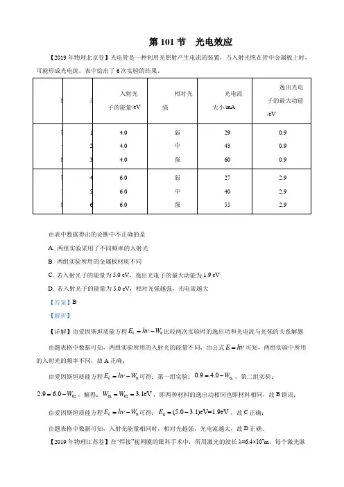 11-19年高考物理真题分专题汇编之专题101.光电效应