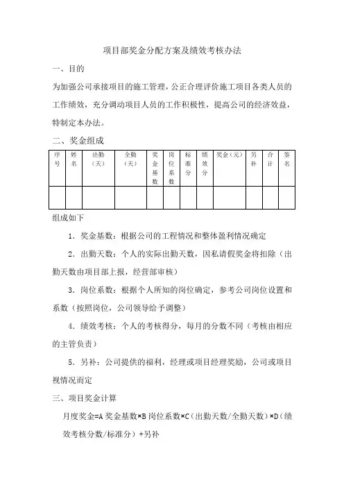 项目部奖金分配方案及绩效考核办法