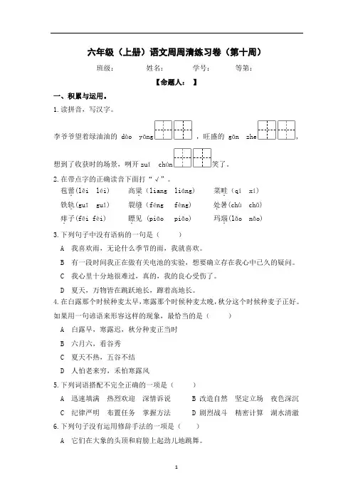 六年级上册语文周周清(第十周)
