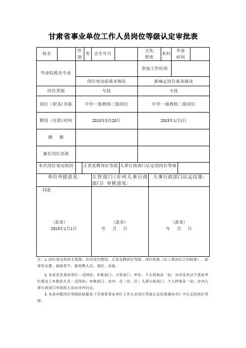 甘肃省事业单位工作人员岗位等级认定审批表