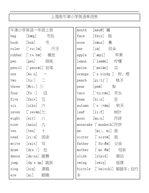 上海版小学英语牛津词汇表(带音标)