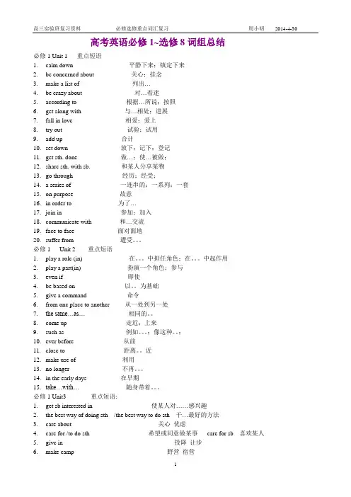 人教版高中英语必修一到选修八短语