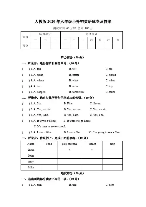 人教版2020年六年级小升初英语试卷及答案(含两套题)