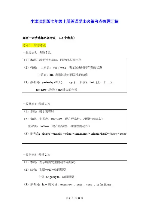 牛津深圳版七年级上册英语期末必备考点梳理汇编