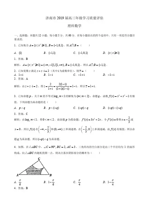 济南市2019届高三年级学习质量评估理科数学(解析版)