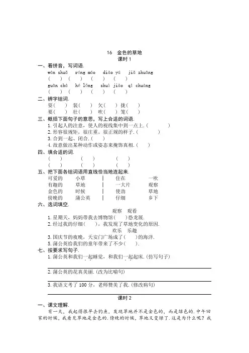 语文三年级上册 16  金色的草地 同步练习题(附答案)