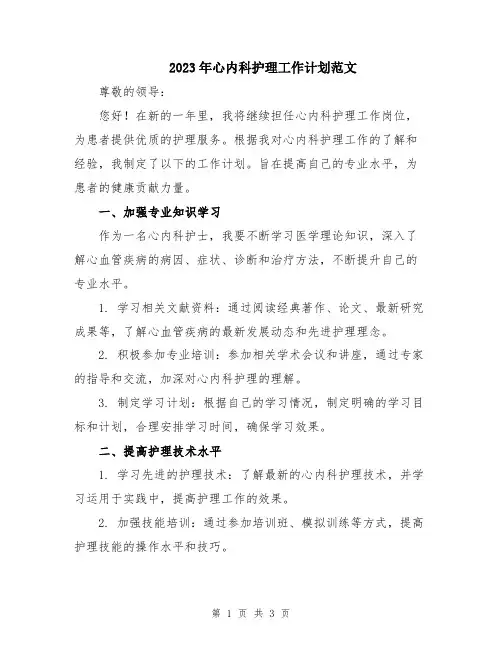 2023年心内科护理工作计划范文 