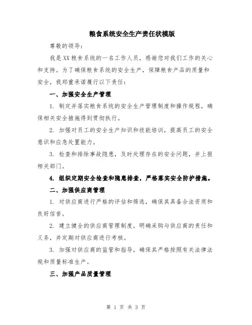 粮食系统安全生产责任状模版