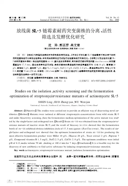 放线菌SL_5链霉素耐药突变菌株的分离_活性筛选及发酵优化研究
