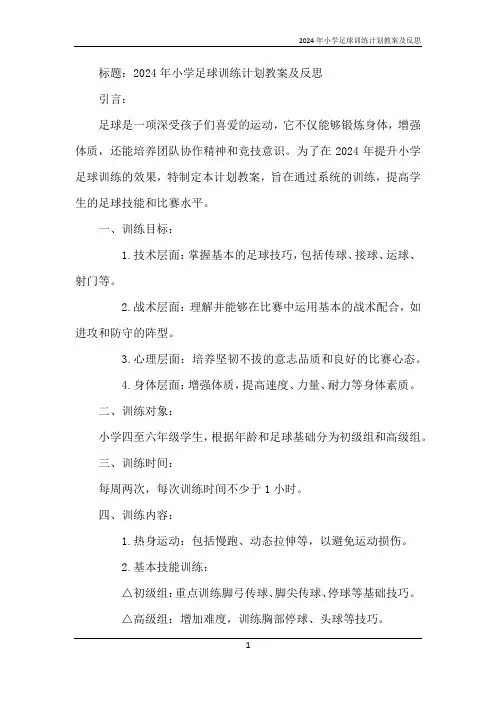 2024年小学足球训练计划教案及反思