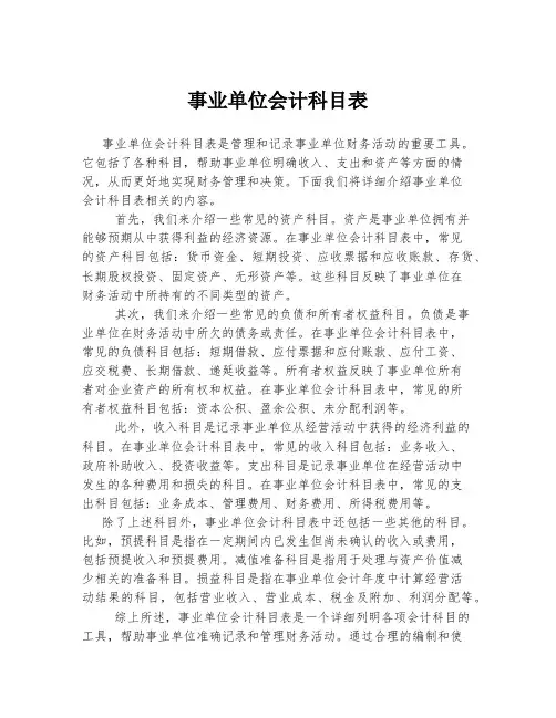 事业单位会计科目表
