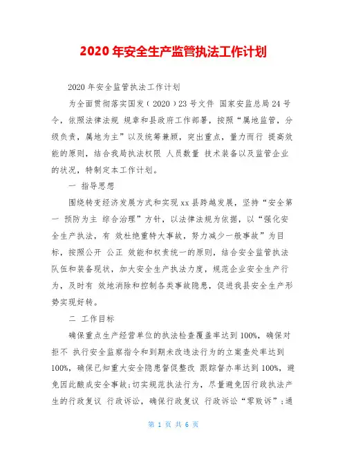 2020年安全生产监管执法工作计划