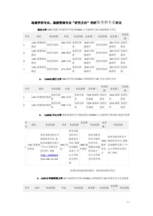 地理学科专业、旅游管理专业“研究方向”考研统考和专业科目