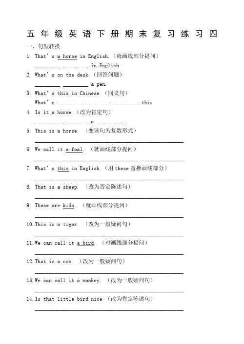 五年级英语下册期末复习练习四