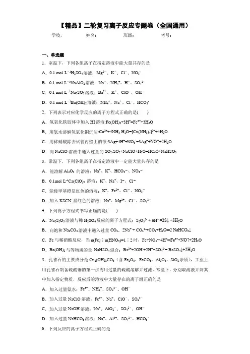 高中二轮复习离子反应专题卷(全国通用)(答案解析)