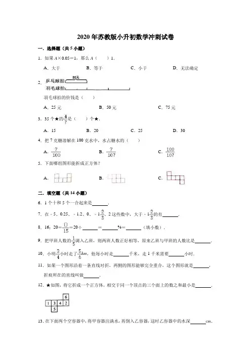 2020年苏教版小升初数学冲刺试卷6(有答案)