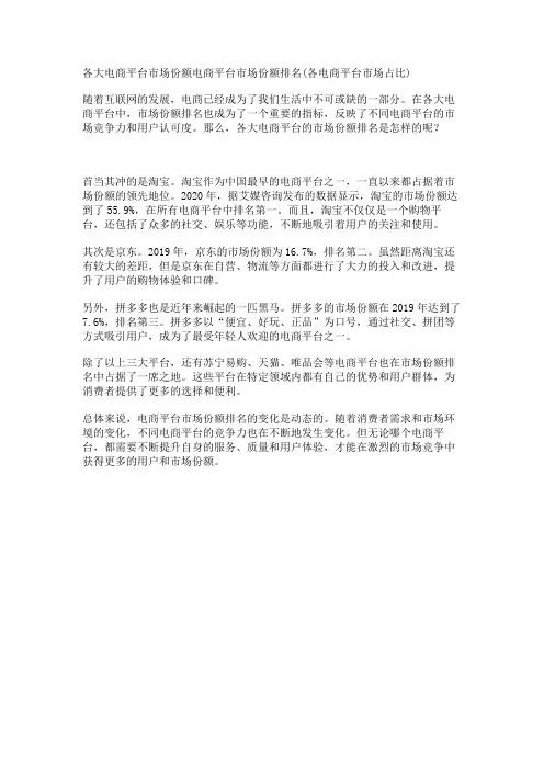 各大电商平台市场份额电商平台市场份额排名(各电商平台市场占比)