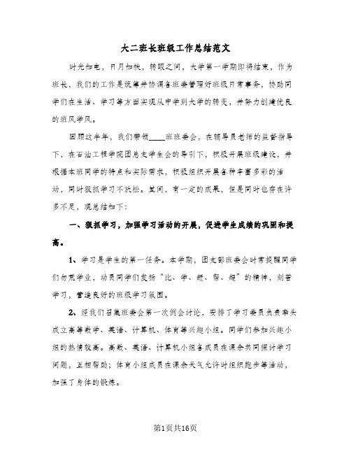 大二班长班级工作总结范文(5篇)