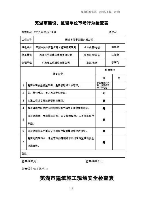 芜湖市建设、监理单位市场行为检查表