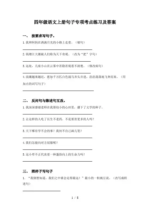 四年级语文上册句子专项考点练习及答案