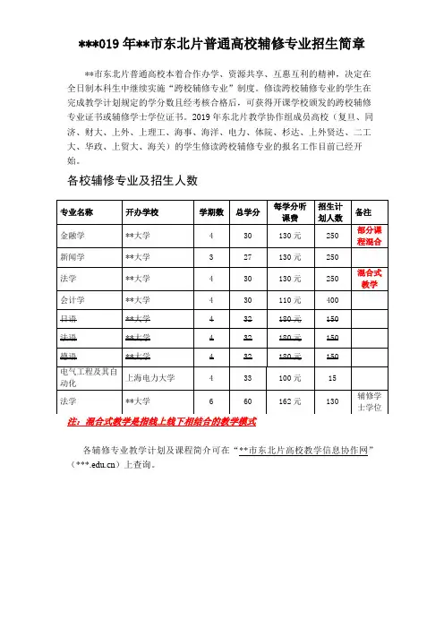 2019年上海市东北片普通高校辅修专业招生简章【模板】