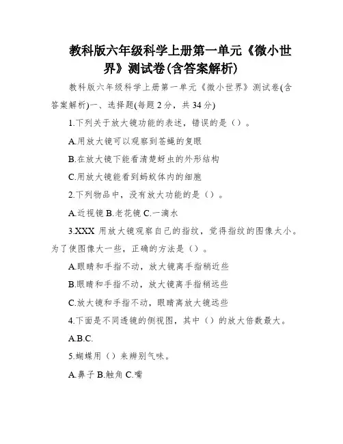 教科版六年级科学上册第一单元《微小世界》测试卷(含答案解析)