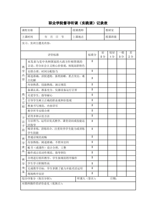 职业学院督导听课(实践课)记录表