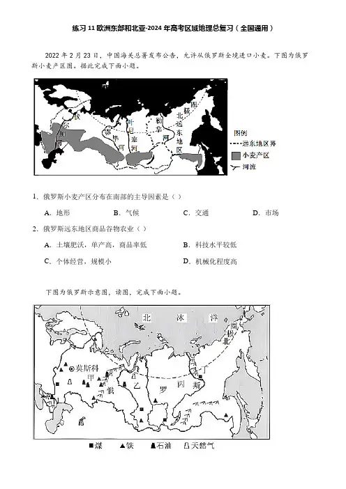 练习11 欧洲东部和北亚-2024年高考区域地理总复习(全国通用)