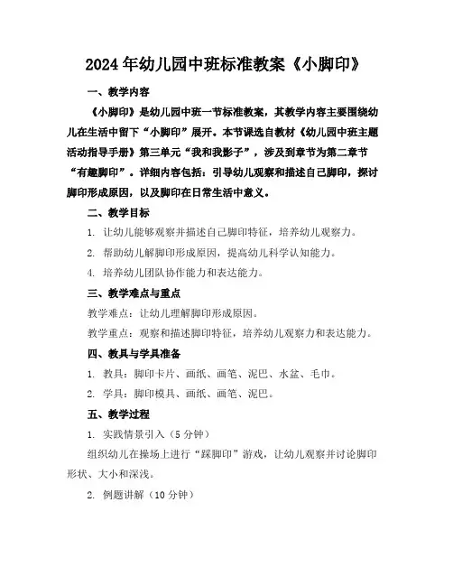 2024年幼儿园中班标准教案《小脚印》