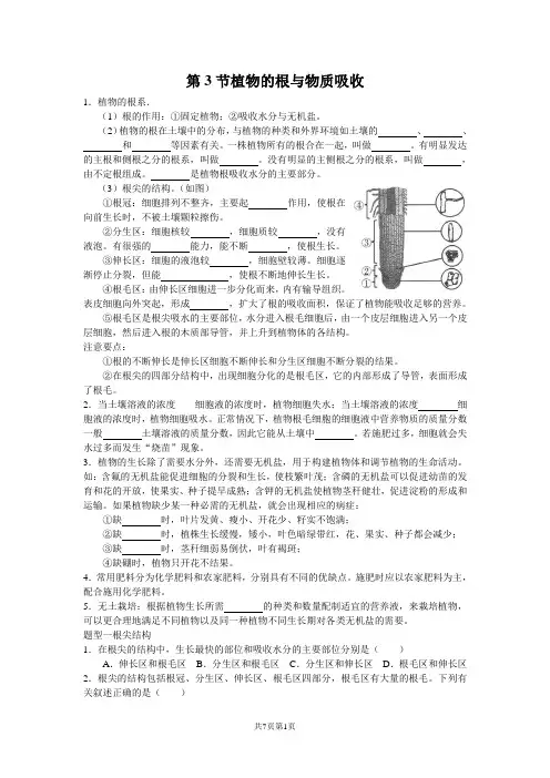 浙教版科学八年级下册第四章第三节-植物的根与物质吸收-一课时练习( 含答案)