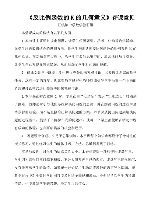 《反比例函数的K的几何意义》评课意见