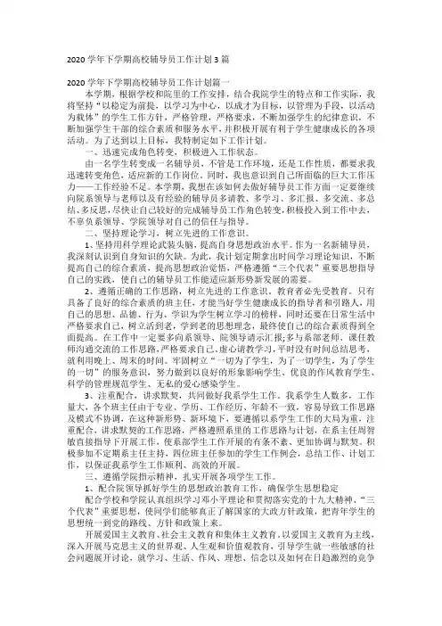 2020学年下学期高校辅导员工作计划3篇