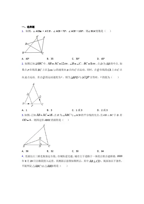 陕西省宝鸡中学八年级数学上册第十二章【全等三角形】基础练习(培优)