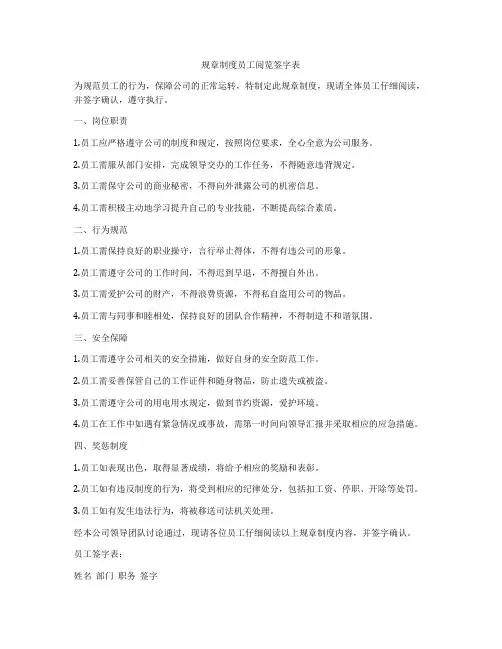 规章制度员工阅览签字表