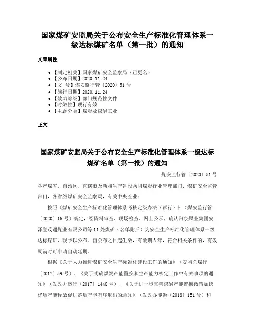 国家煤矿安监局关于公布安全生产标准化管理体系一级达标煤矿名单（第一批）的通知