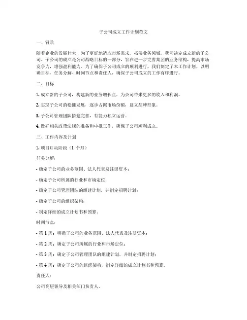 子公司成立工作计划范文