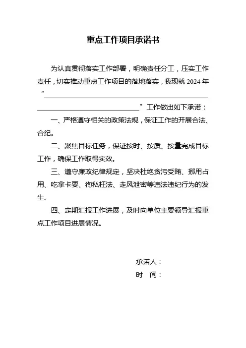 重点工作项目承诺书
