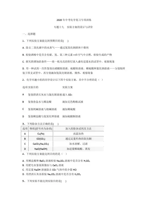 2020年中考化学复习专题训练  专题十九  实验方案的设计和评价